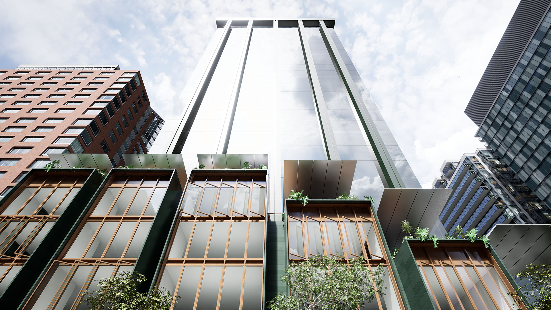 Green commercial office podium refurbishment and repositioning with subtropical facades