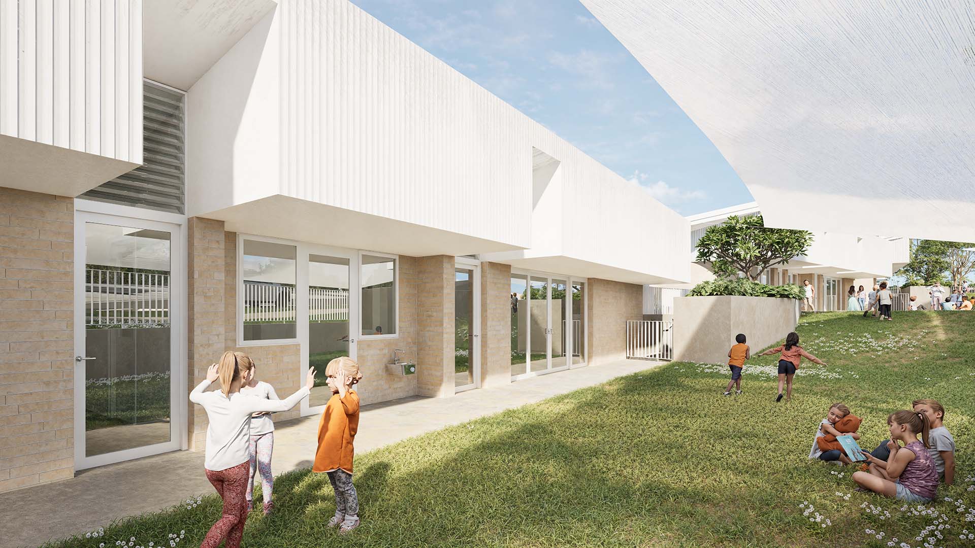 Detail view of the exterior of the Early Learning Centre showing relationship between classrooms and outdoor play areas.
