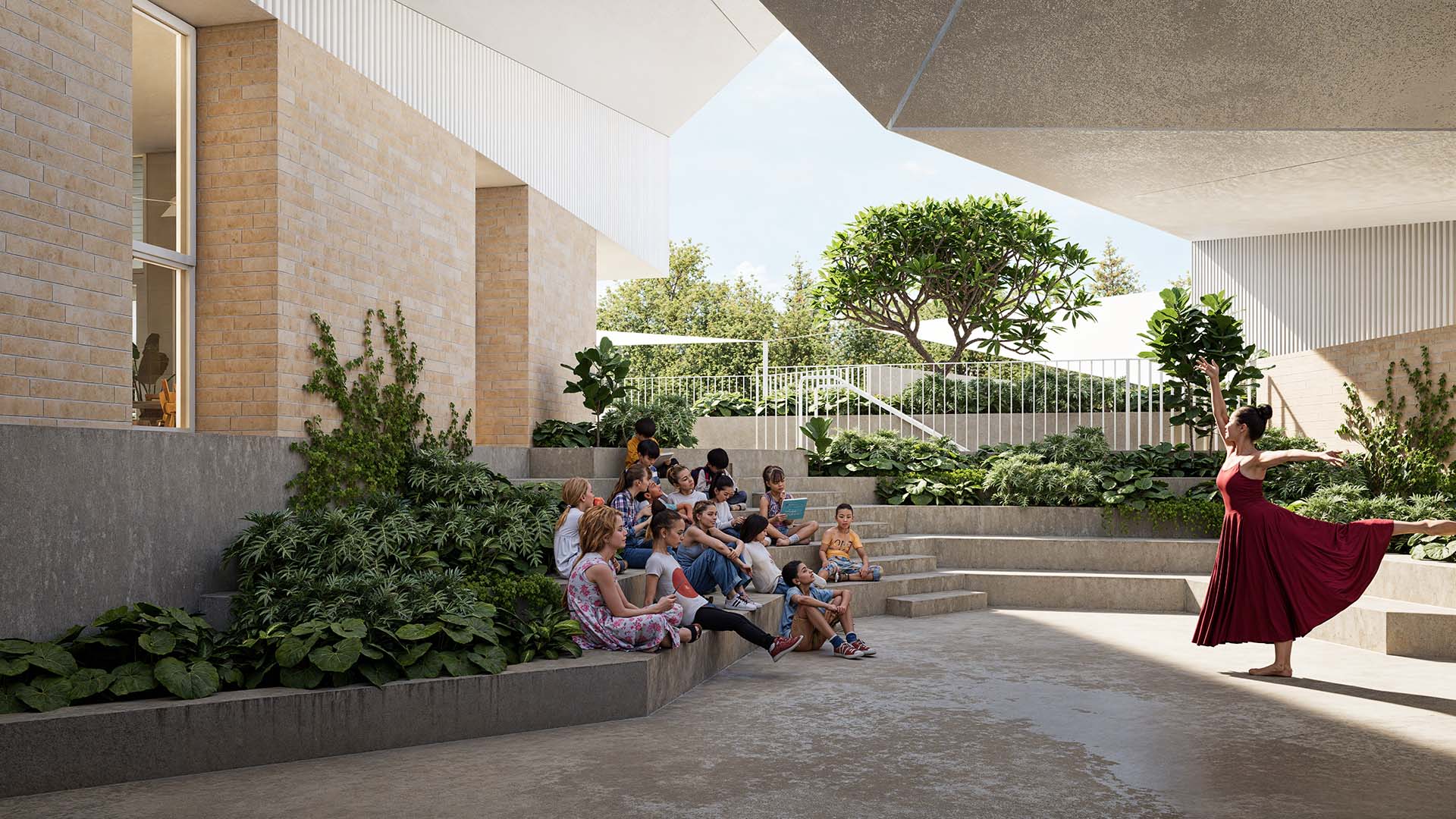 Detail view of the gathering space between two of the building's pavilions.