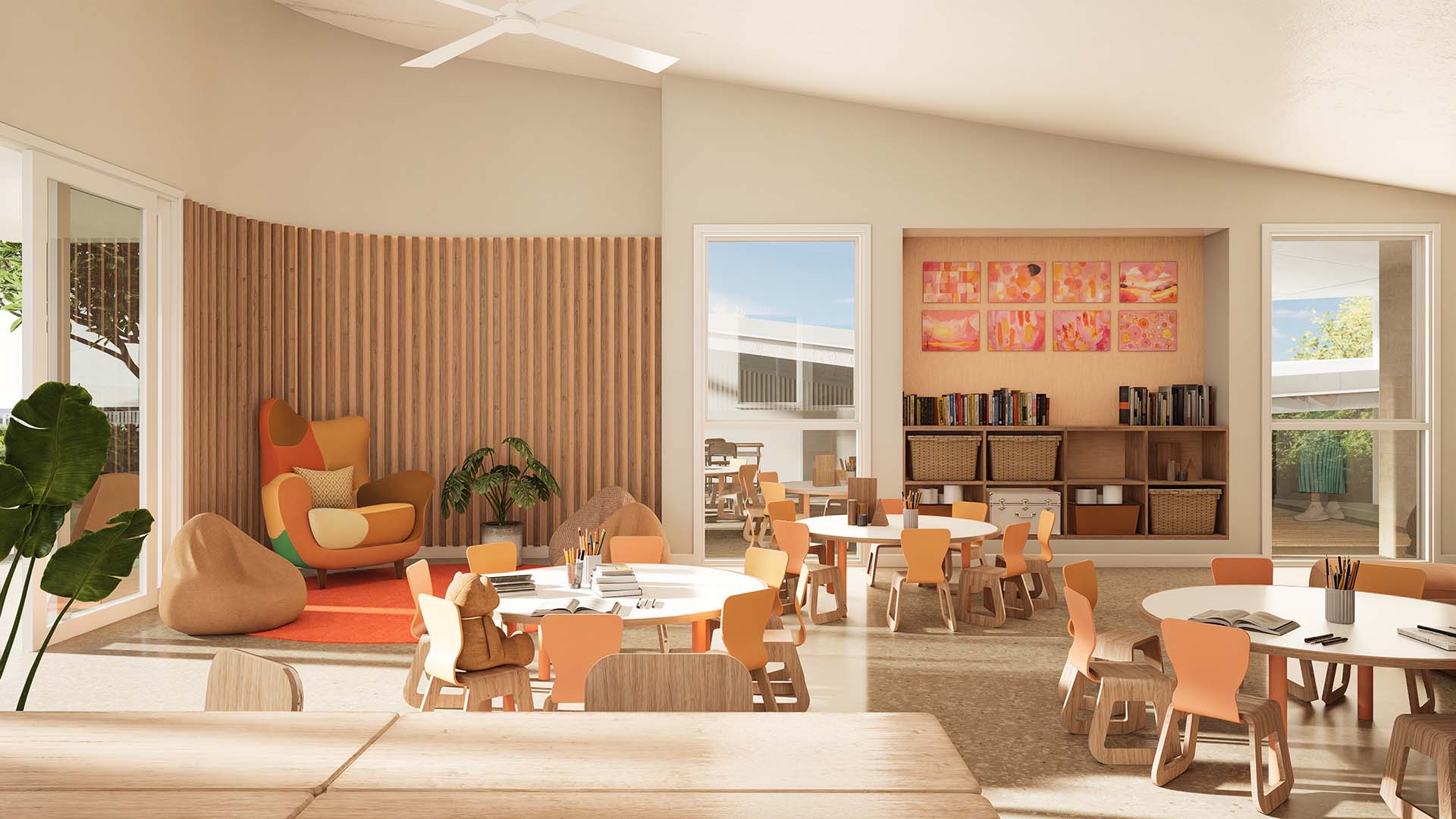 Detailed interior view of one of the classrooms showing a voluminous space with ample natural light and exterior views.