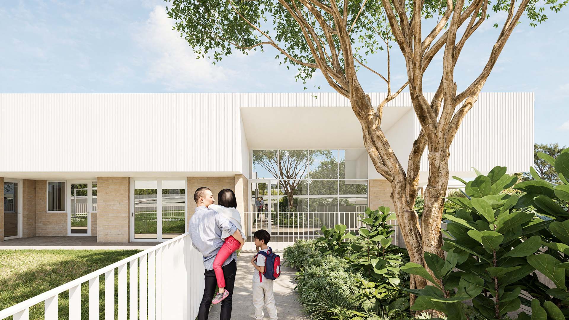 View of the main entry to the Canterbury College Early Learning Centre highlighting the lush landscaping.