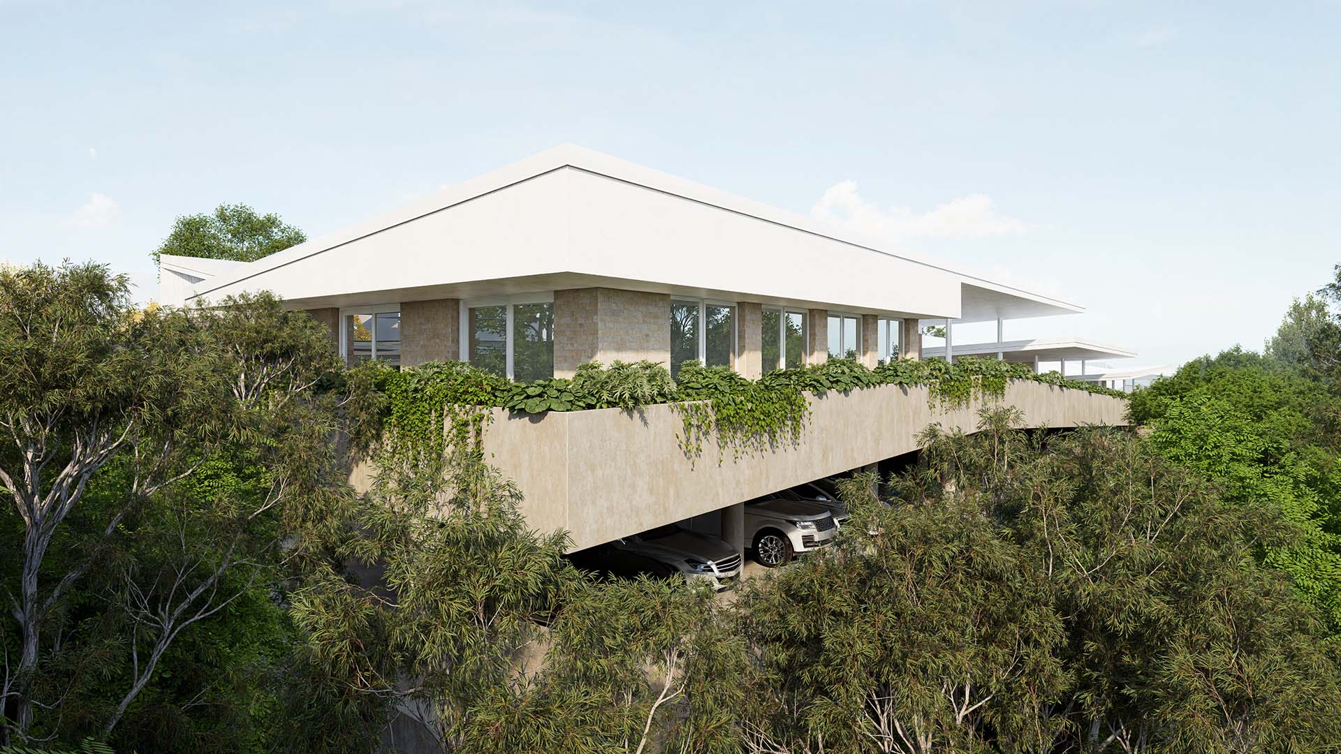 Elevated view of the exterior of the Canterbury College Early Learning Centre from the north-west highlighting the building form and its relationship to the landscape.