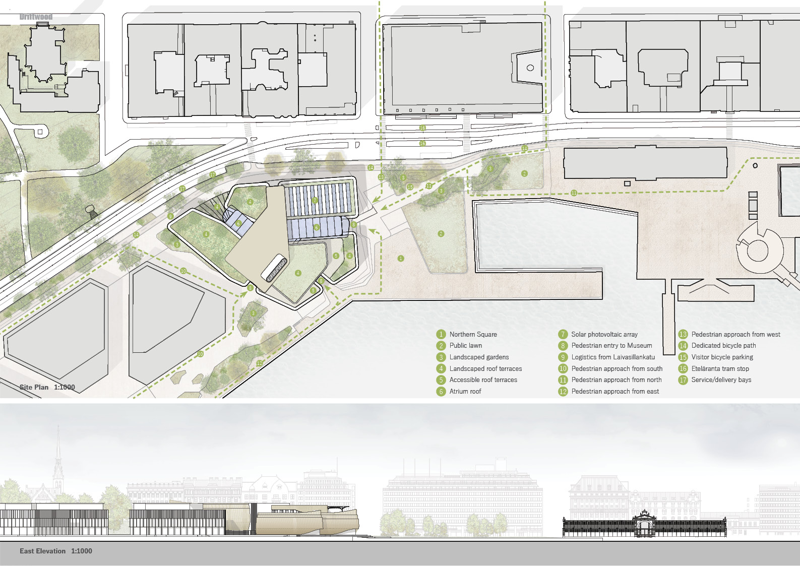 Architectural drawing of the Driftwood museum's site plan and elevation, showing its spatial layout and positioning within the Helsinki waterfront.