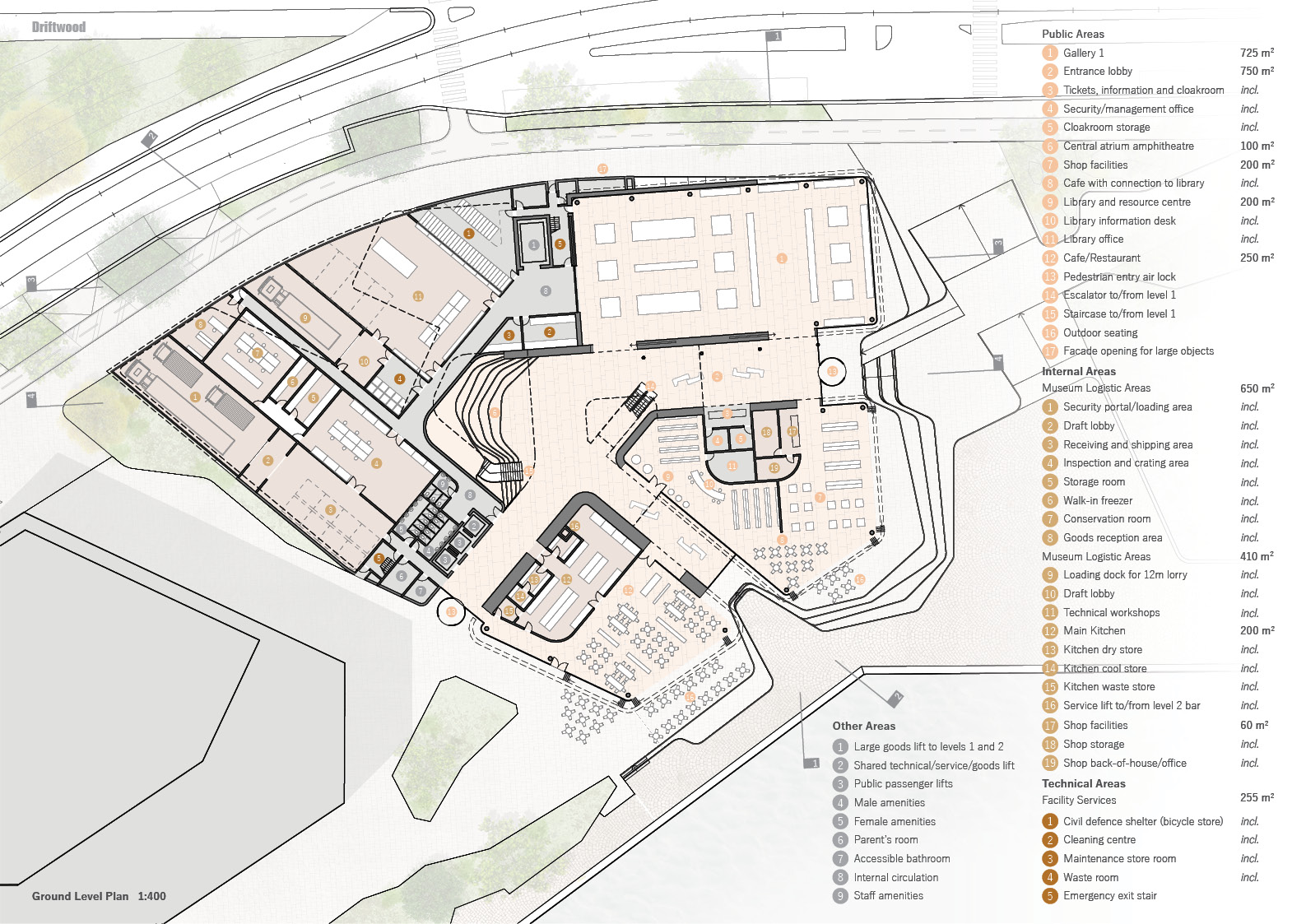 Ground level architectural plan of the Driftwood museum, displaying entrances, open spaces, and key features.