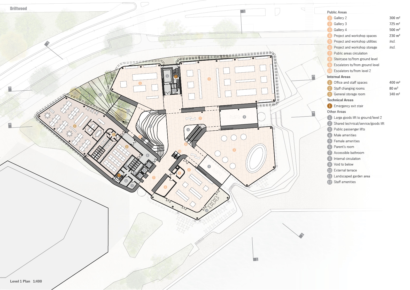 Architectural drawing of the Driftwood museum's first level, showing gallery arrangements and open atrium connections.