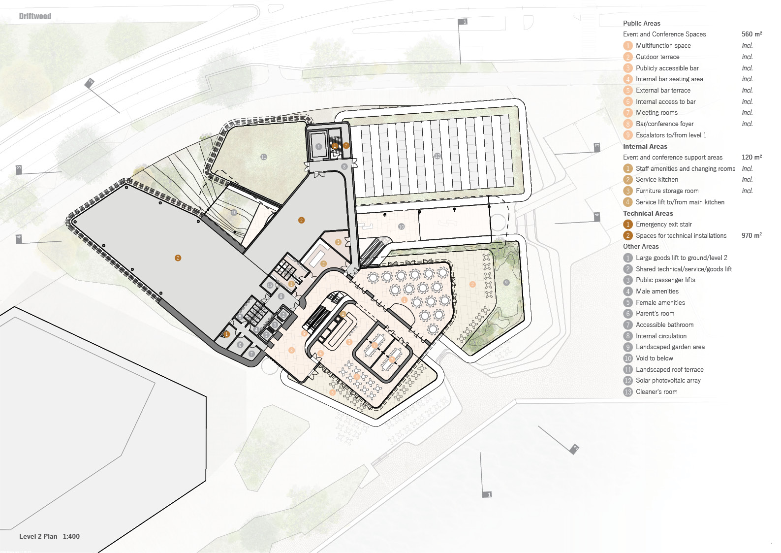 Plan of the second level of the Driftwood museum, highlighting elevated pathways and gallery spaces.