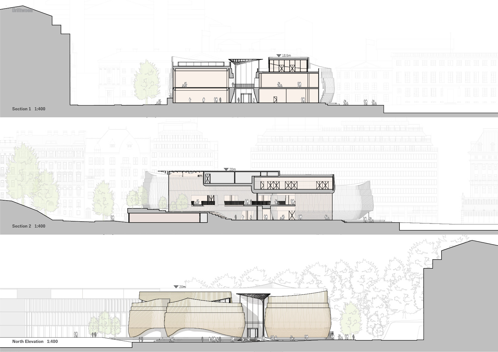 Sectional drawings of the Driftwood museum, showing the vertical relationships between levels and interior voids.