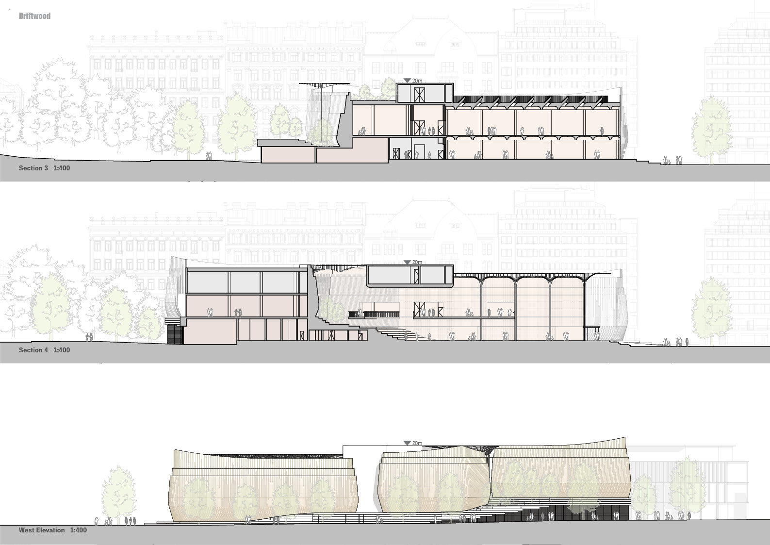 Detailed sectional views of the Driftwood museum, highlighting timber structures and spatial transitions.