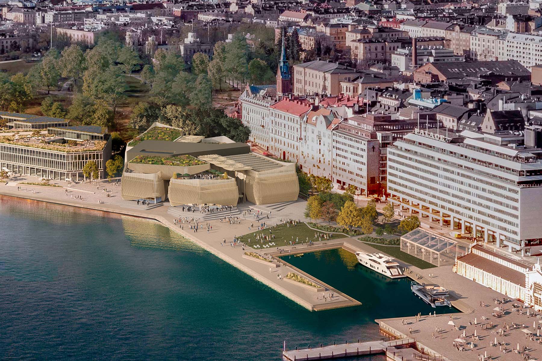 View of the Driftwood museum's exterior with organic timber forms blending into Helsinki's waterfront.