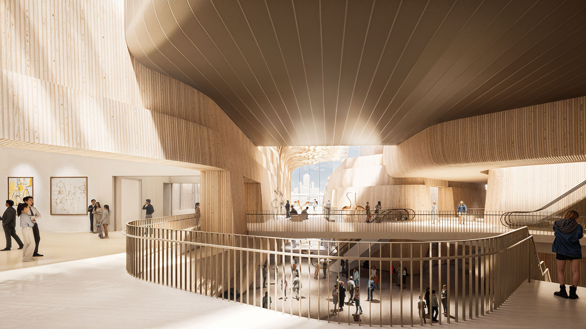 Close-up of the Driftwood museum's central atrium, emphasizing its open-plan design and organic timber elements.