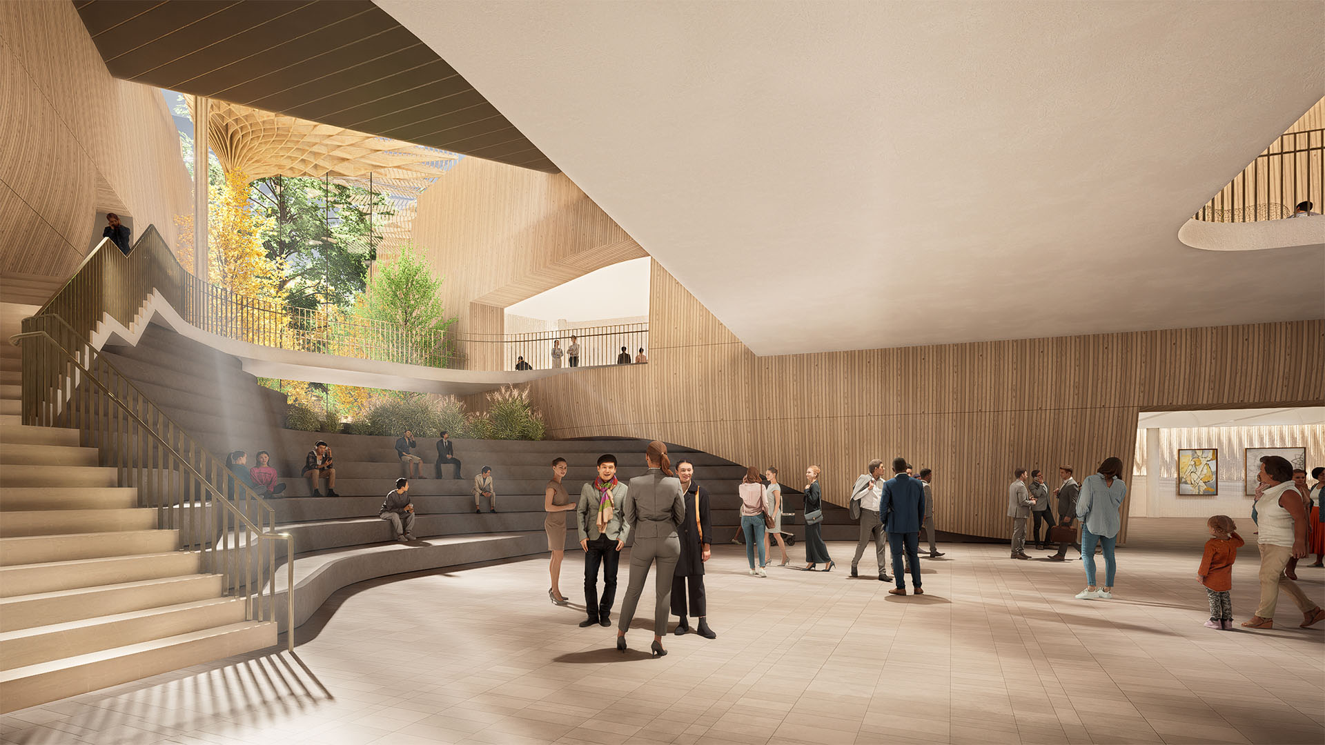 Detailed view of the atrium inside the Driftwood museum, showing visitors circulating through its interconnected pathways.