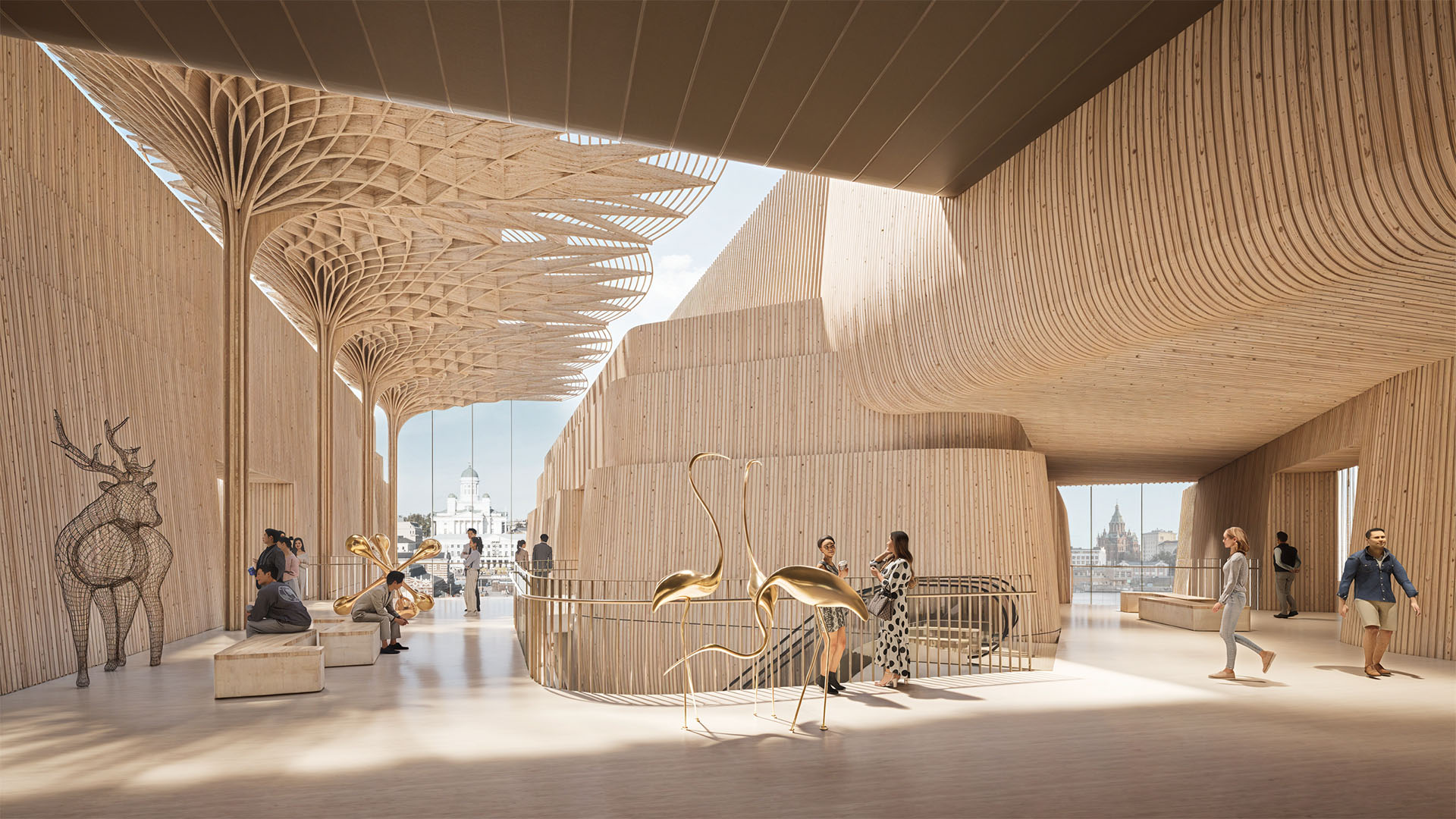 Interior perspective of the Driftwood museum, featuring a cave-like central amphitheater with natural light streaming through.