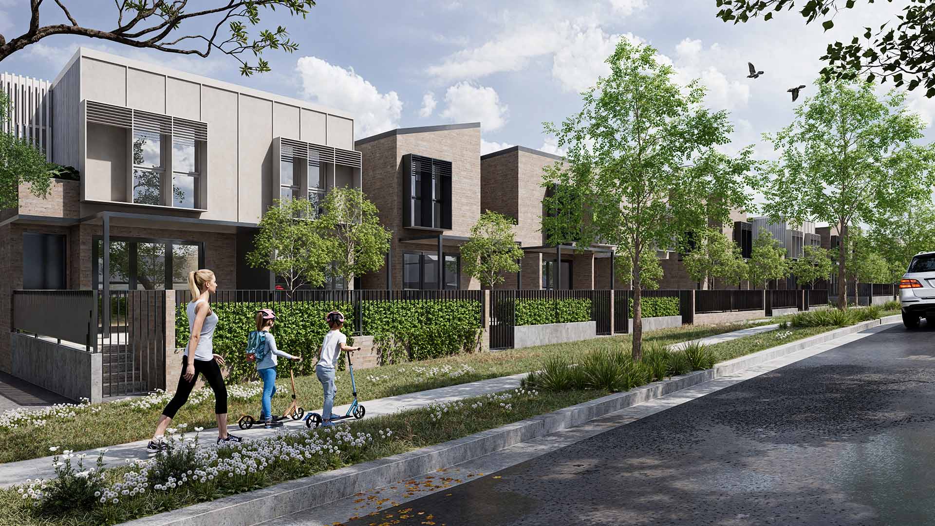 Rear perspective highlighting private open space and garden interface of the townhomes