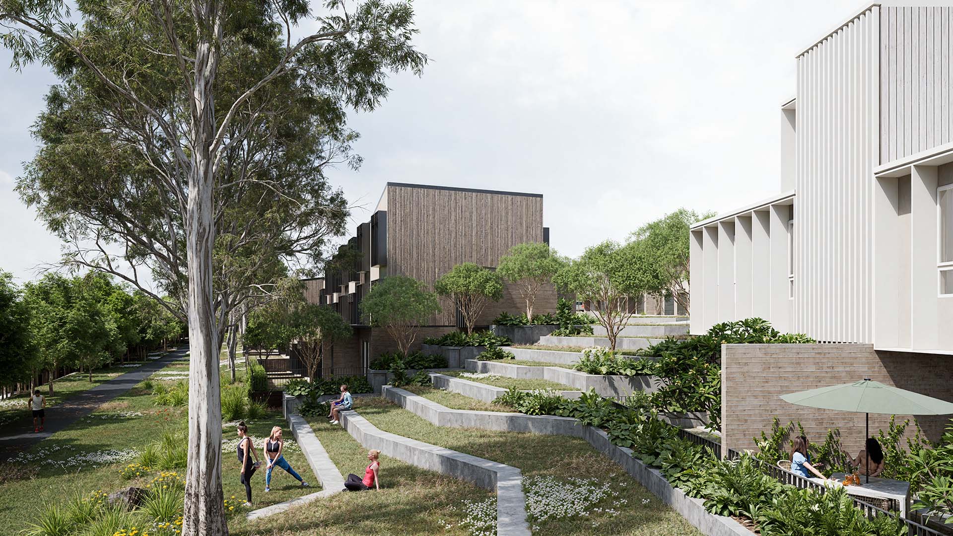 Internal laneway view emphasising scale, setbacks, and material diversity