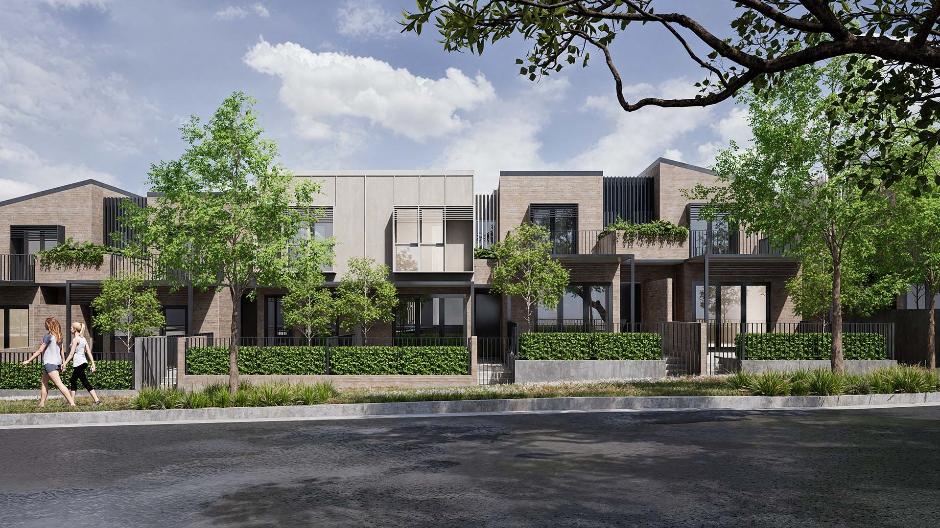 Architectural rendering showcasing varied townhome facades and streetscape integration